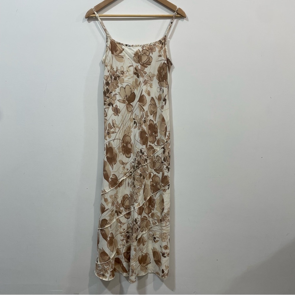 Per Una Tan Brown Linen Blend Summer Coastal Grandma Floral Midi Dress Size 12R